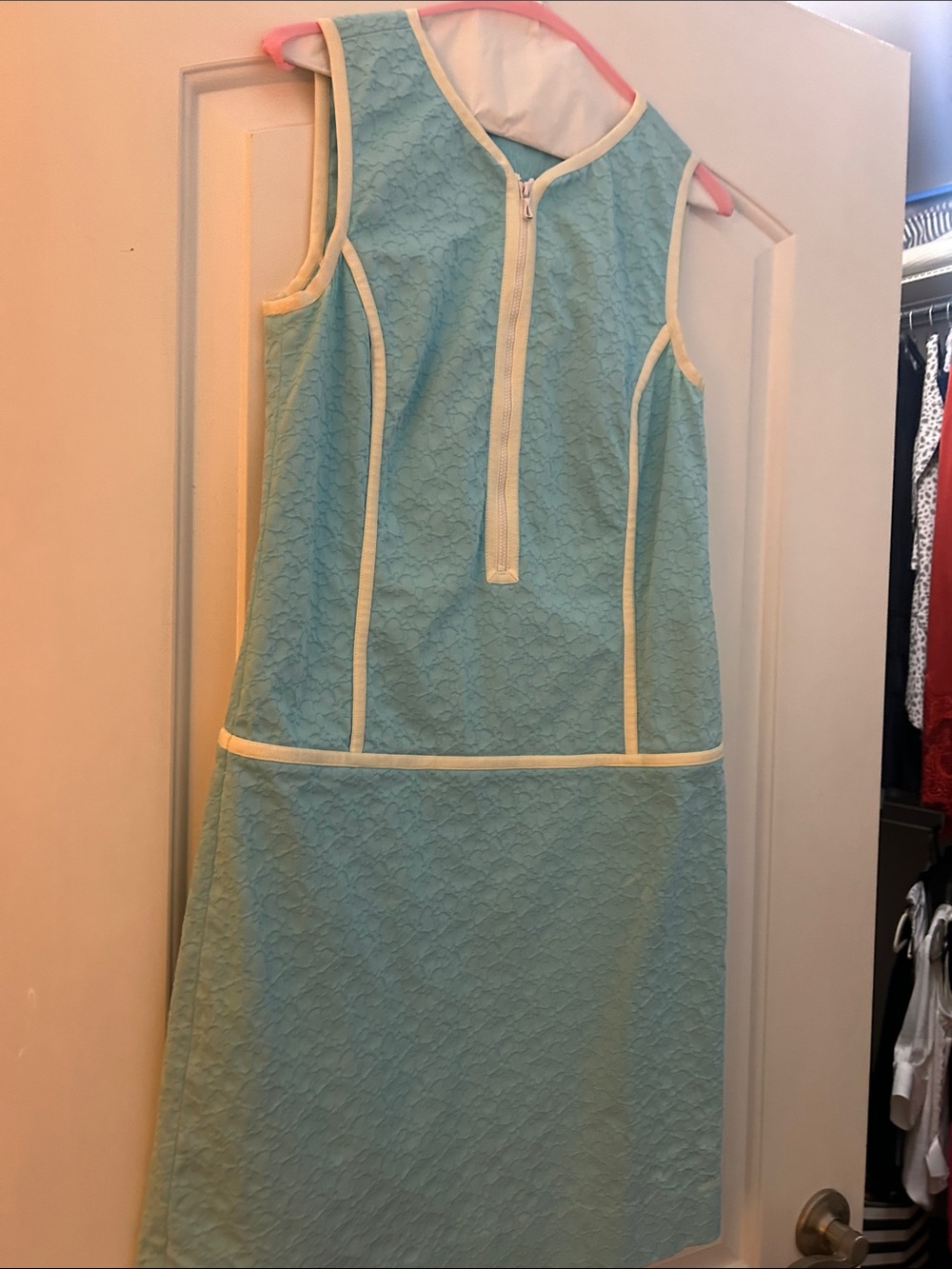 Etcetera Aqua Sheath Dress with Cream Contrast Trim
